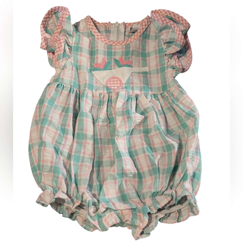 Florence Eiseman 90s Vintage Pastel Plaid Seersucker Bubble Romper Puff Sleeve